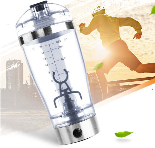 USB Electric Protein Shake Blender Bottle in a modern kitchen with blue liquid mixing.
