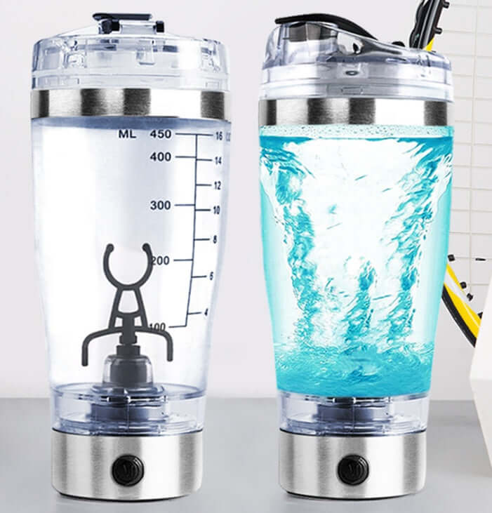 USB Electric Protein Shake Blender Bottle in a modern kitchen with blue liquid mixing.