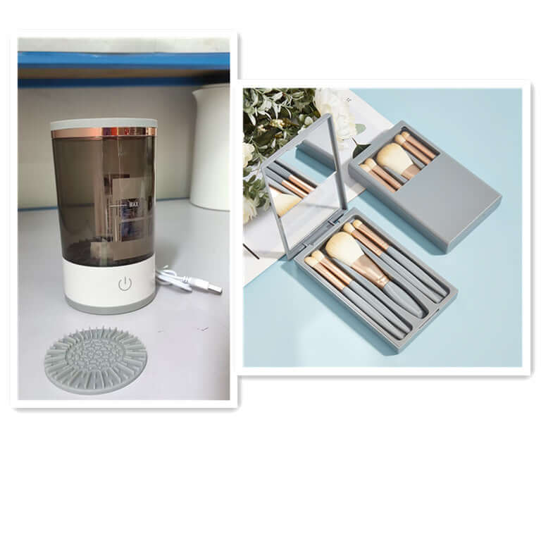 USB Automatic Eye Shadow Brush Cleaner in use with makeup brushes submerged in cleaning solution.