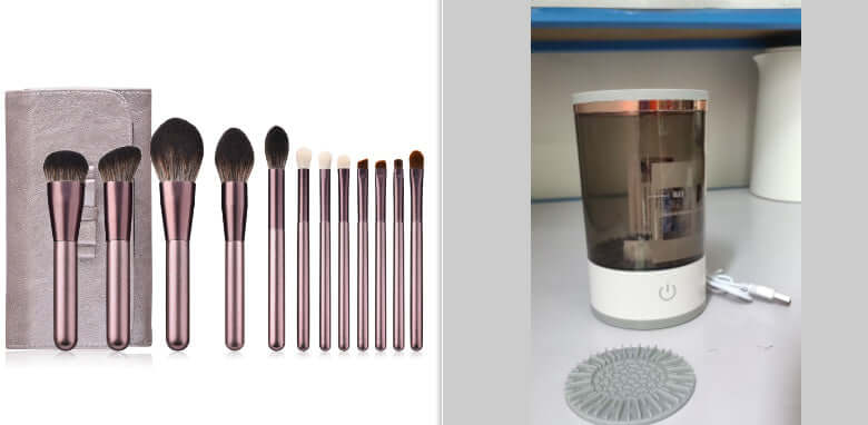 USB Automatic Eye Shadow Brush Cleaner in use with makeup brushes submerged in cleaning solution.