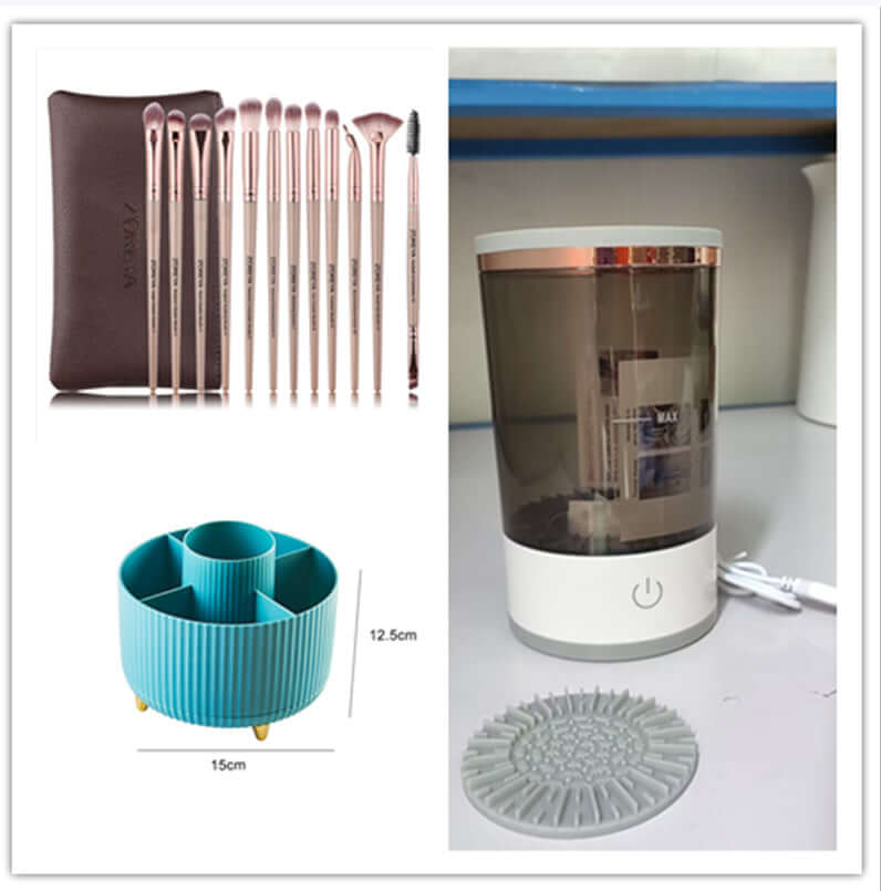 USB Automatic Eye Shadow Brush Cleaner in use with makeup brushes submerged in cleaning solution.