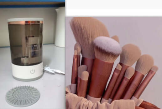 USB Automatic Eye Shadow Brush Cleaner in use with makeup brushes submerged in cleaning solution.