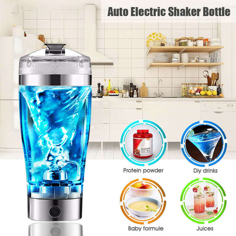 USB Electric Protein Shake Blender Bottle in a modern kitchen with blue liquid mixing.