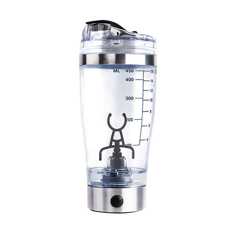 USB Electric Protein Shake Blender Bottle in a modern kitchen with blue liquid mixing.
