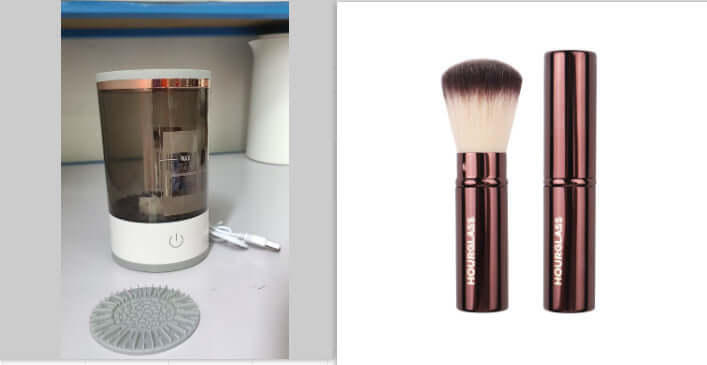 USB Automatic Eye Shadow Brush Cleaner in use with makeup brushes submerged in cleaning solution.