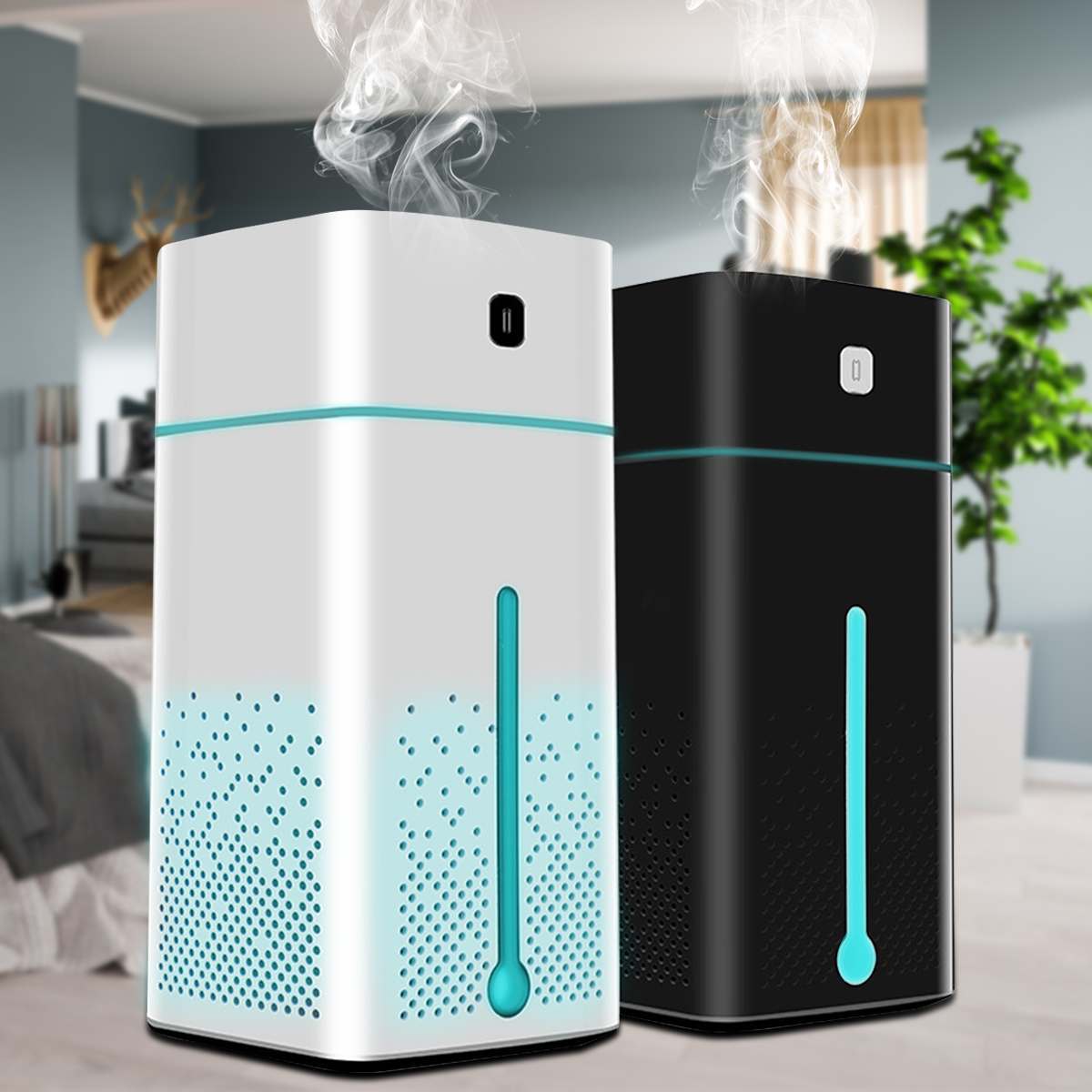Air Purifier Humidifier in black and white, emitting mist, ideal for improving indoor air quality.
