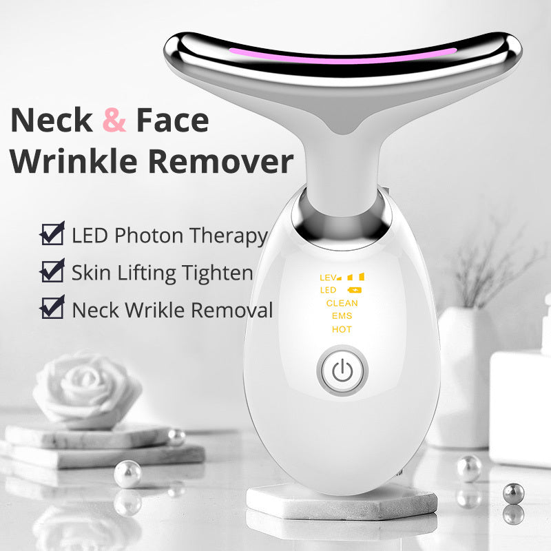 Thermal EMS Neck Lifting Wrinkle Massager showcasing LED Photon Therapy for wrinkle removal and skin tightening.