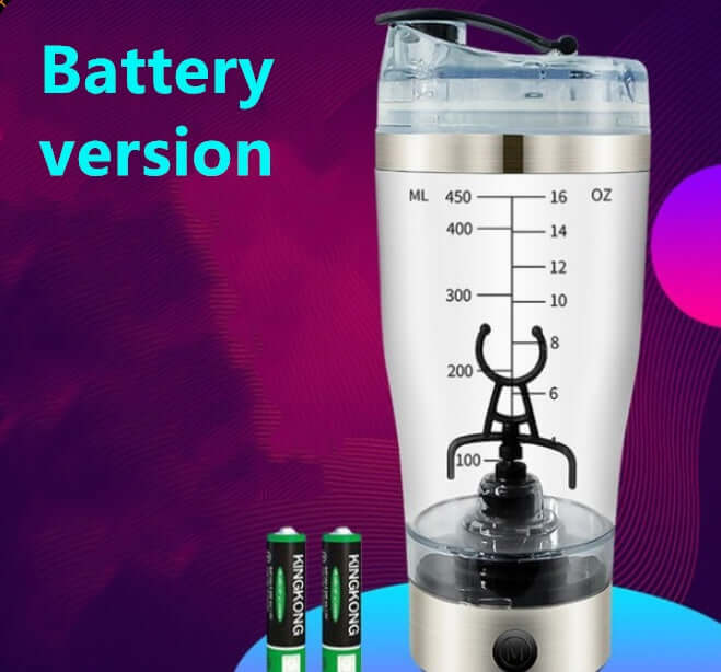 USB Electric Protein Shake Blender Bottle in a modern kitchen with blue liquid mixing.