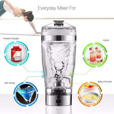 USB Electric Protein Shake Blender Bottle in a modern kitchen with blue liquid mixing.