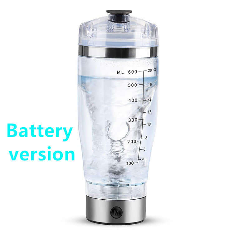 USB Electric Protein Shake Blender Bottle in a modern kitchen with blue liquid mixing.