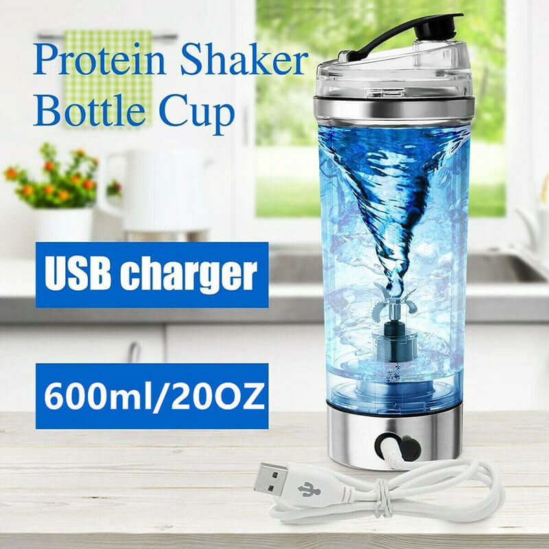 USB Electric Protein Shake Blender Bottle in a modern kitchen with blue liquid mixing.