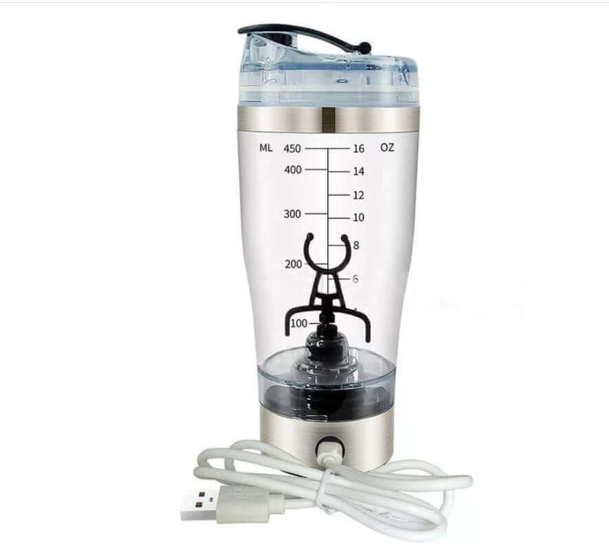 USB Electric Protein Shake Blender Bottle in a modern kitchen with blue liquid mixing.