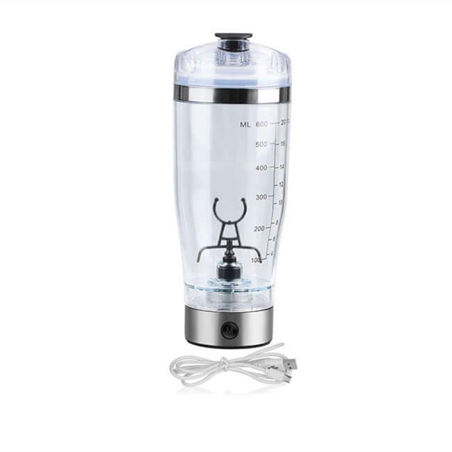 USB Electric Protein Shake Blender Bottle in a modern kitchen with blue liquid mixing.